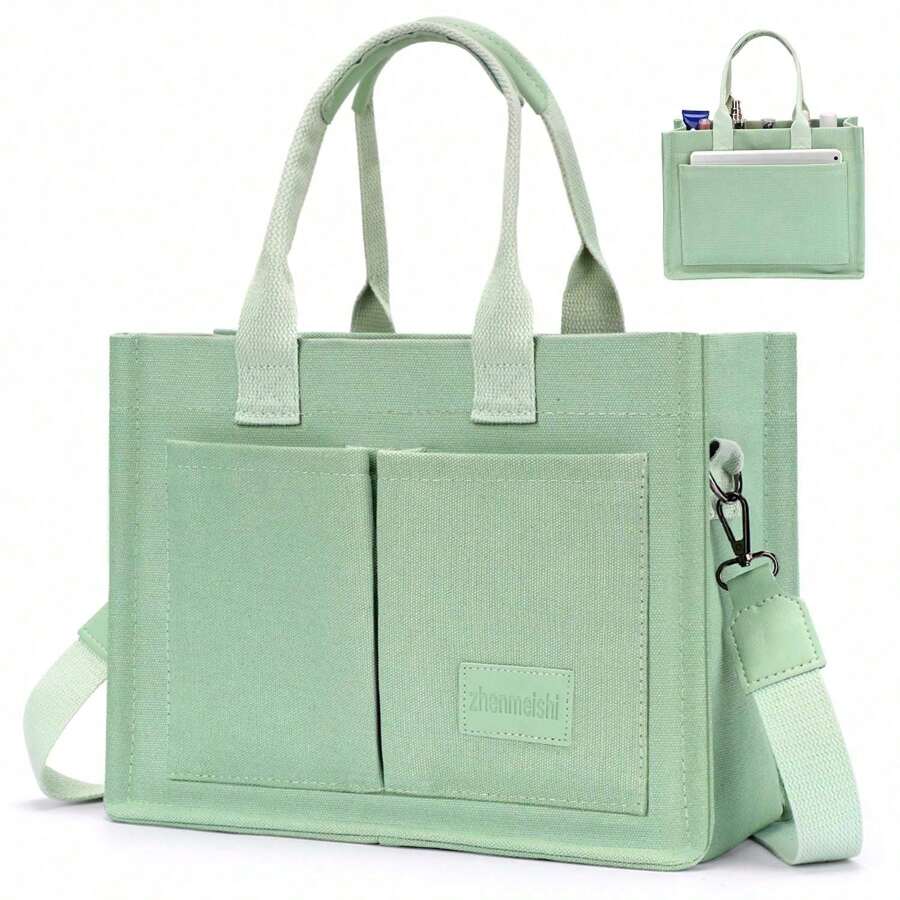 Canvas Tote Bag For Women With Pockets Crossbody Bag Tote Shoulder Handbags Casual Work Bags Everything Tote Bag - 綠色 - 查看 1