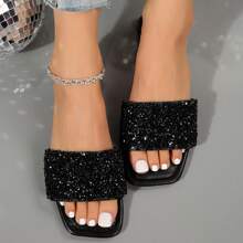 Women's Summer Beach Slippers, Rhinestones, Casual Fashion Slippers, Square Open Toe Flat Sandals, Indoor And Outdoor Valentines