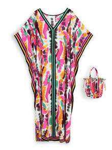 女式度假色彩圖案長袍,家居連帶圖案小袋 - 彩色 - 查看 3