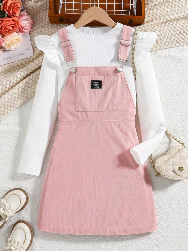 Set de 2 piezas Conjunto de tirantes elegante y lindo para niñas, incluye: Blusa de punto de manga larga con volantes de unicolor + Falda de tirantes de unicolor suave y versátil, adecuado para adolescentes, uso casual para la escuela, al aire libre, vacaciones