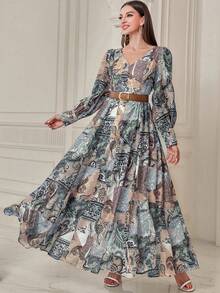 女式 V 领全印花随机印花优雅长袖连衣裙，配皮带，适合复古、休闲、度假、旅行场合