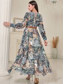 女式 V 领全印花随机印花优雅长袖连衣裙，配皮带，适合复古、休闲、度假、旅行场合