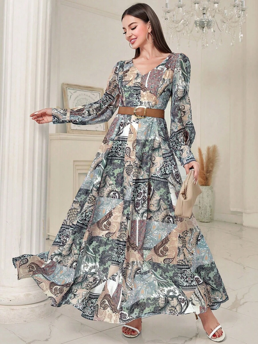 女式 V 领全印花随机印花优雅长袖连衣裙，配皮带，适合复古、休闲、度假、旅行场合