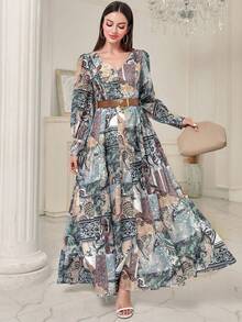 女式 V 领全印花随机印花优雅长袖连衣裙，配皮带，适合复古、休闲、度假、旅行场合