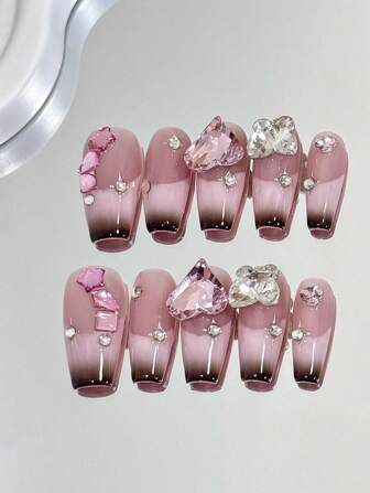 Hand-Painted Pressure Nails, False Nails, Pink French Inlay Heavy Drill 10 Hand-Polished Nails, Heavy Inlay, Gradient Color Rectangle, Nail Art Diy Embossing Nail Patch Nail Patch Color Mixing Tube Nail Patch Smooth Surface Fashionable Ladies Easy To Apply Nail Decoration Smooth Surface Of Various Packaging Nail Extension Plate Set Embossing Nail Top Nail Supplies Nails