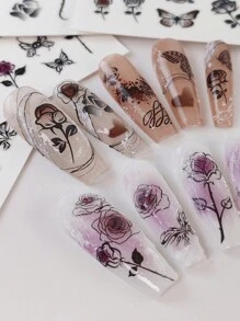 4 张花朵指甲贴纸玫瑰心形蝴蝶美甲贴纸黑暗适合女士和女孩 DIY 美甲装饰 - 彩色 - 查看 7