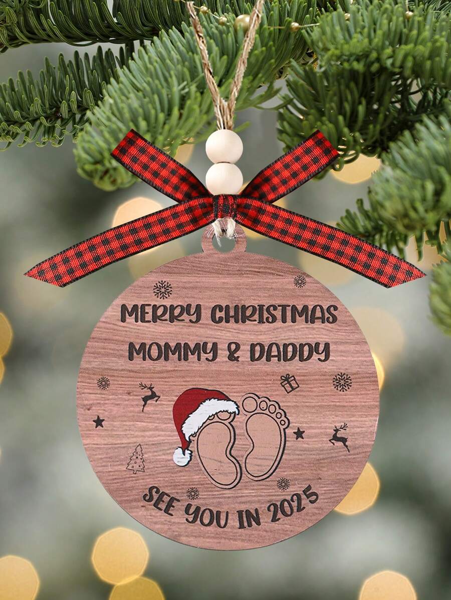 媽媽和爸爸聖誕快樂 2025 年再見裝飾品,懷孕公告裝飾品,給準父母的禮物,嬰兒送禮會禮物,聖誕樹懸掛裝飾,聖誕木製裝飾品家居裝飾,帶蝴蝶結掛繩 - 彩色 - 查看 1