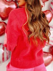 心形图案圆领毛衣，秋冬新品 - 粉色 - 查看 4