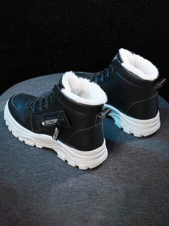 1 Pair Women's White Casual Outdoor Snow Boots, Round Toe, Lace-Up, Leather Upper With Thermal Lining, Suitable For Autumn/Winter