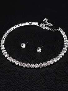 4pcs Women's European And American Fashion Wedding Set Fashion Earrings Necklace Bracelet Rhinestone Bridal Claw Chain Wedding Party Birthday Gift - Silver - View 4