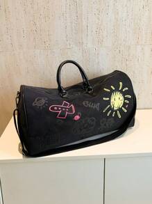 BAILEE A Casual Fashion Solid Color Graffiti Style Large Capacity Travel Bag, Suitable For Shoulder Carry, Outfit Matching, And Also As A Gift Choice - Black - View 9