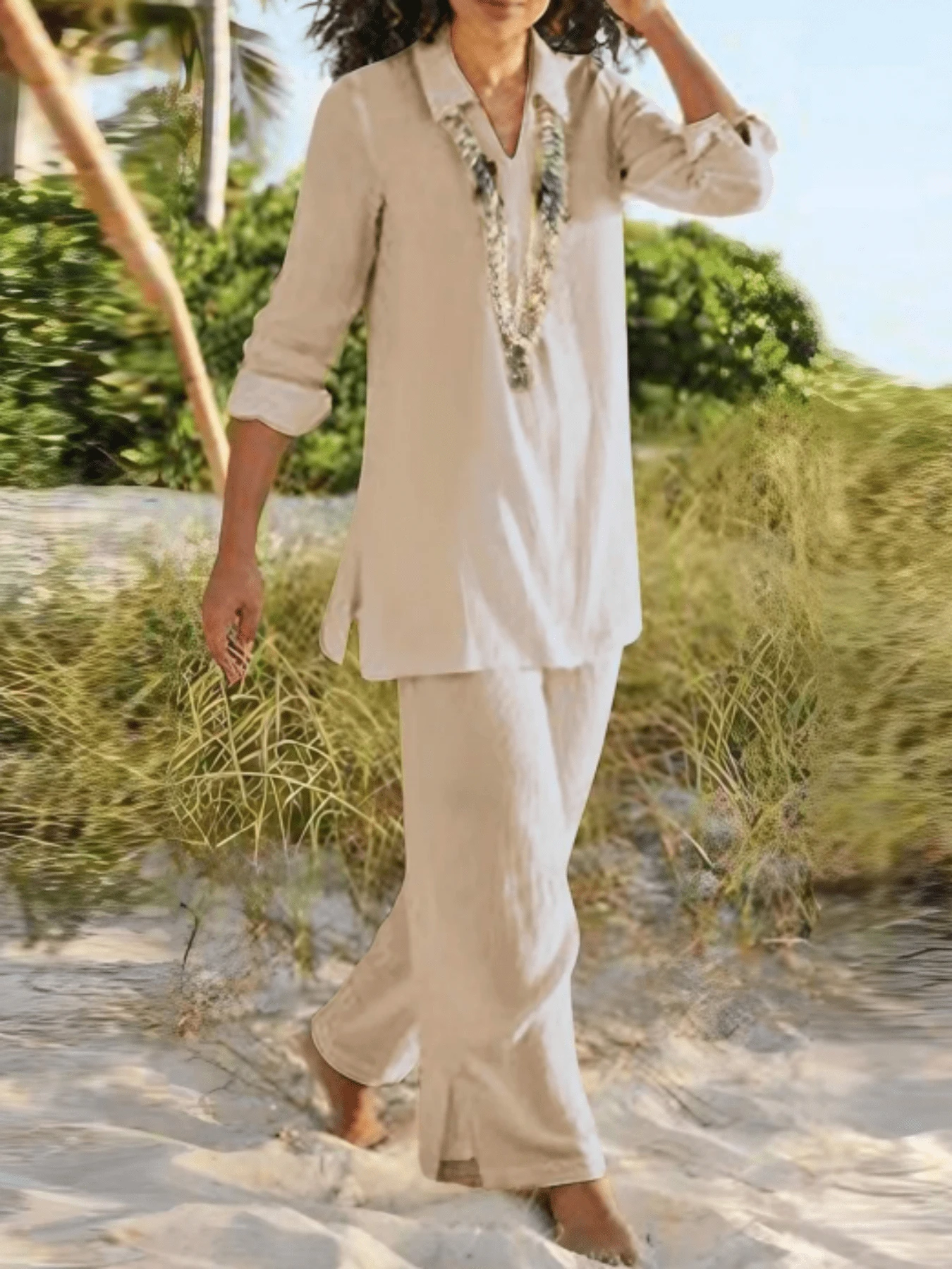 Women's Loose Fitting Long Pants Set - Màu Khaki - Xem 1