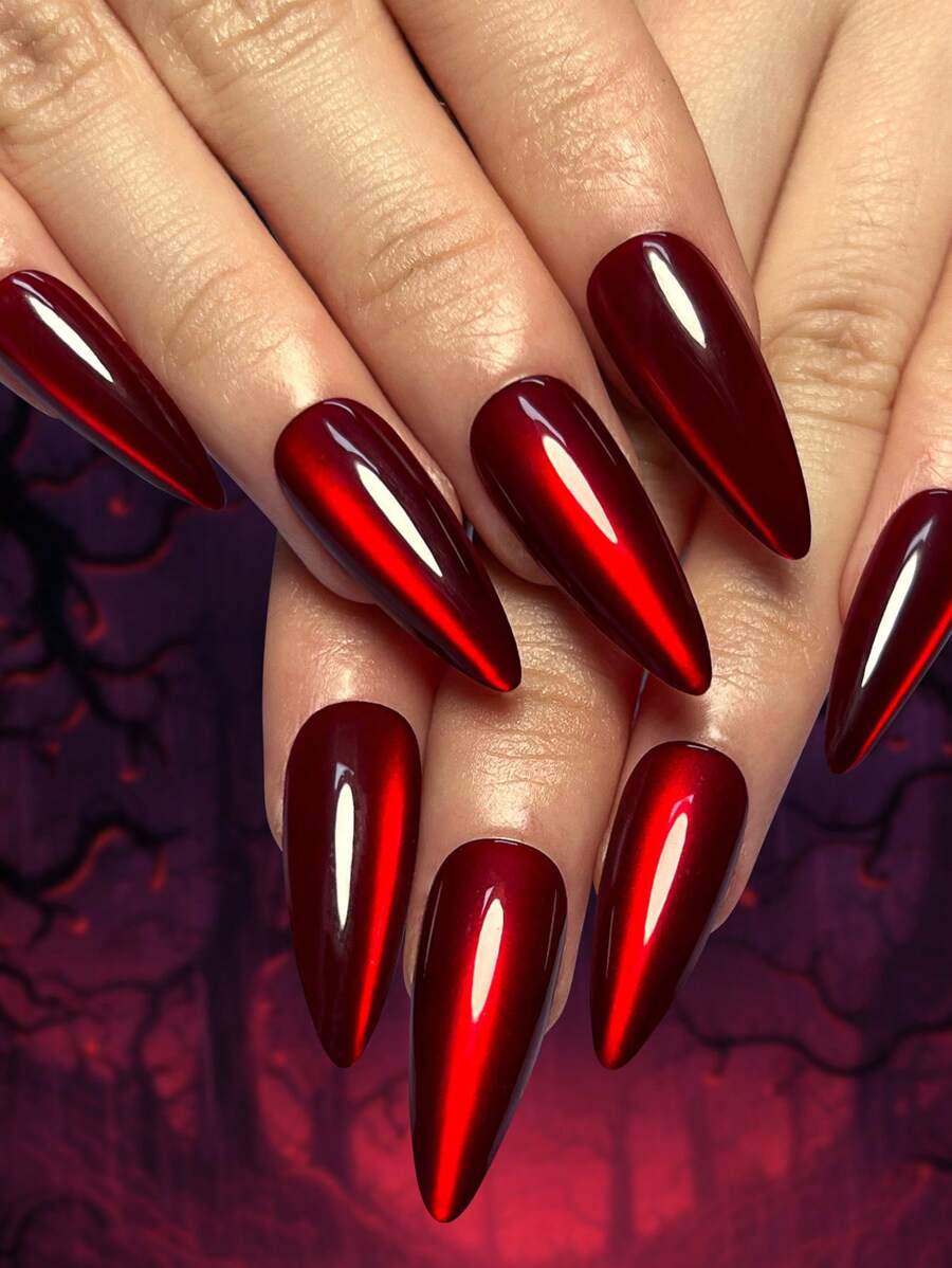 30入組簡約耐用紅色貓眼美甲增強贴片，指尖美甲假甲 - 酒紅色 - 查看 1