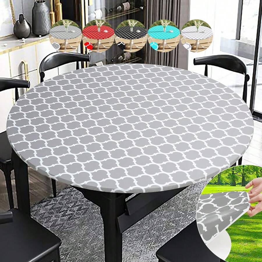 SUNFANS 1pc Round Moroccan Style Vinyl Table Cover, Multiple Colors & Sizes Available, Waterproof Elastic Fitted Tablecloth With Flannel Backing, Wipeable PVC Tablecloth, Suitable For Camping, Indoors & Outdoors