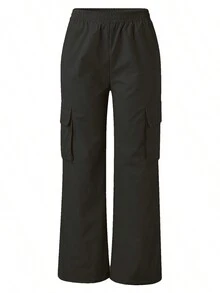Pantalones de mujer Pantalones anchos rectos de cintura alta holgados con bolsillos Pantalones de moda versátiles - Negro - Ver 4