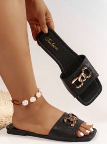 Wide Fit Women's Metallic Buckle Decor Strap Sandals, Vacation Style, Black PU Flat Sandals For Summer - Black - View 5