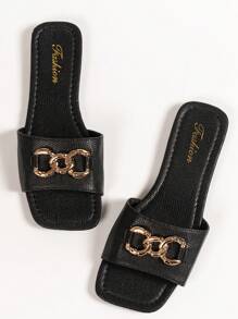 Wide Fit Women's Metallic Buckle Decor Strap Sandals, Vacation Style, Black PU Flat Sandals For Summer - Black - View 4