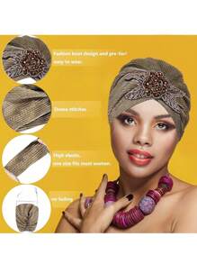 Gorra africana Zahra para mujer, estilo de lujo, tela elástica con brillo, decoración artesanal de mariposa con cuentas, elegante pañuelo para ocasiones especiales - Dorado - Ver 3