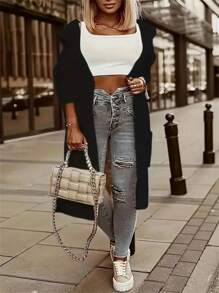 Plus Size Women Solid Color Long Sleeve Hooded Loose Casual Open Front Cardigan Sweater, Autumn/Winter, Pocket Design, Elegant Dress Women Holiday Outfits For Women Black Top