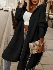 Plus Size Women Solid Color Long Sleeve Hooded Loose Casual Open Front Cardigan Sweater, Autumn/Winter, Pocket Design, Elegant Dress Women Holiday Outfits For Women Black Top