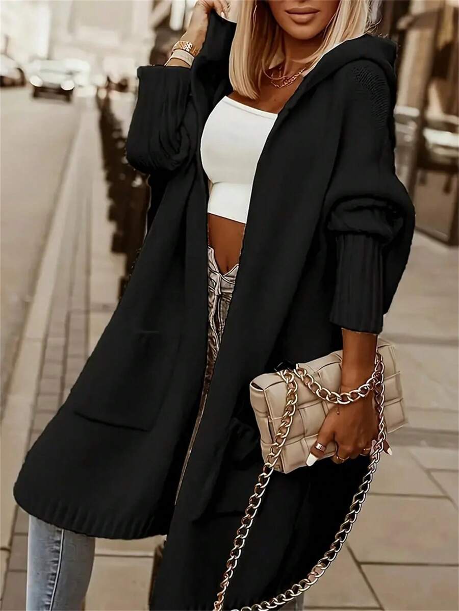 Plus Size Women Solid Color Long Sleeve Hooded Loose Casual Open Front Cardigan Sweater, Autumn/Winter, Pocket Design, Elegant Dress Women Holiday Outfits For Women Black Top