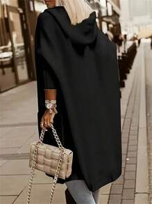 Plus Size Women Solid Color Long Sleeve Hooded Loose Casual Open Front Cardigan Sweater, Autumn/Winter, Pocket Design, Elegant Dress Women Holiday Outfits For Women Black Top