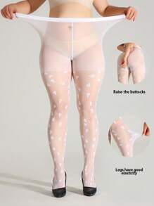 1pc Plus Size Women's White Heart Jacquard Skinny Tights, Fashionable Stretchy Seamless Leggings