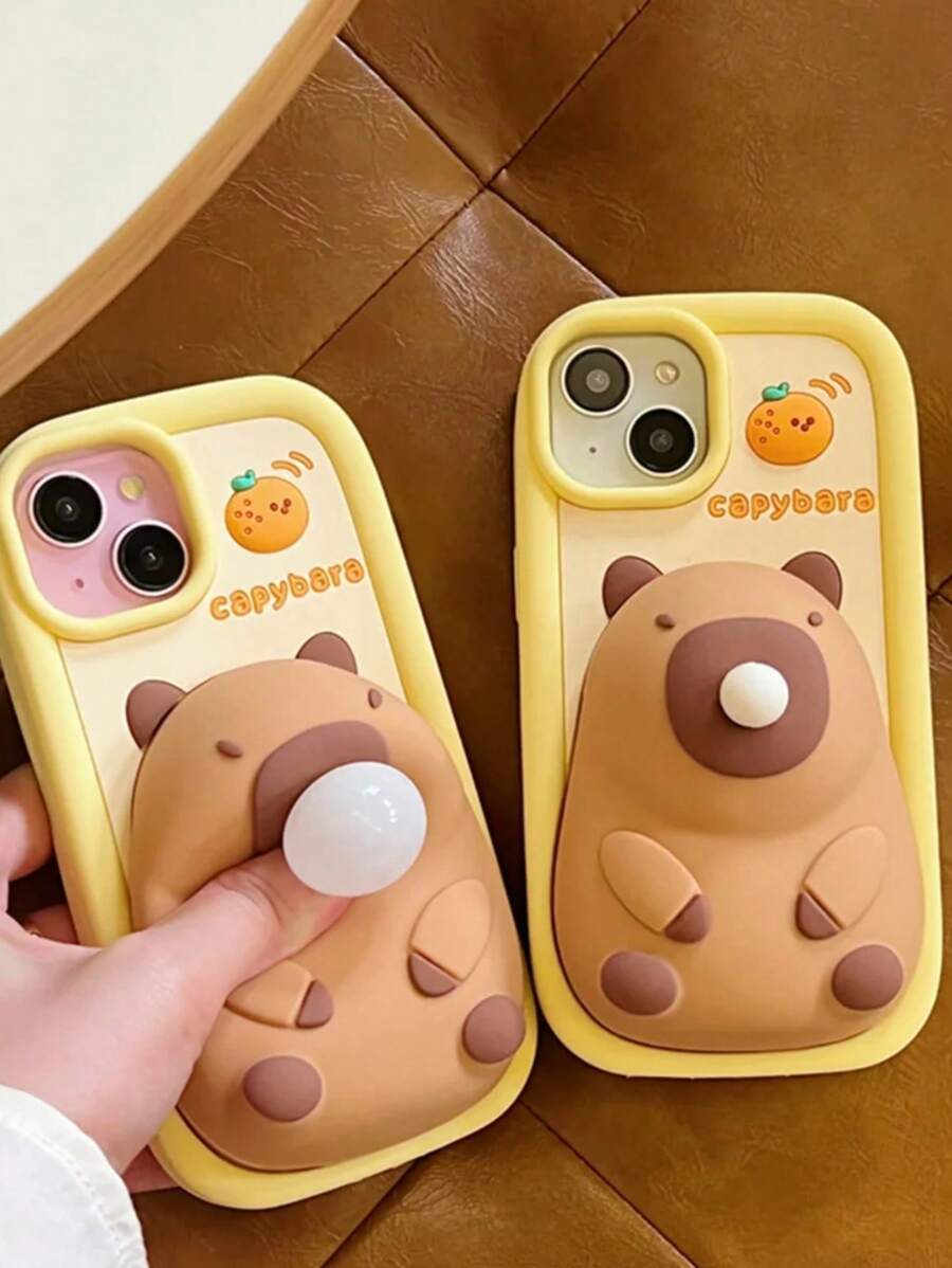 1 Pieza Funda de teléfono suave de silicona con diseño de Capibara de dibujos animados lindo, compatible con iPhone 15 13 14 12 11 Pro Max, con protección de lente de soplado de burbujas