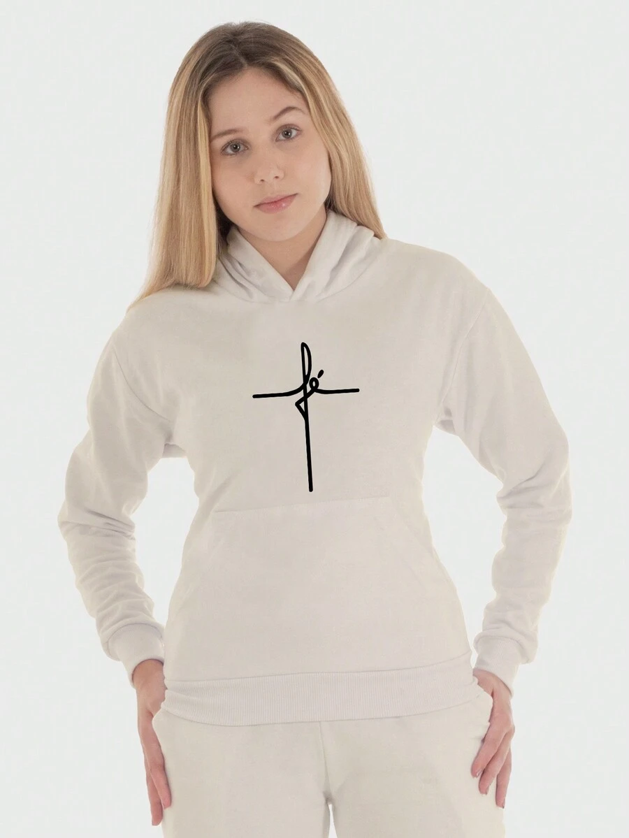 Feminine Fé Flannel Kangaroo Sweatshirt With Pocket And Hood - Màu be - Xem 1