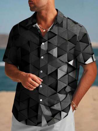 男士大码休闲夏威夷几何艺术印花翻领口袋 3D 数码短袖衬衫，度假复古夏季