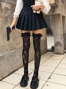 1 双镂空大腿袜蕾丝边膝盖高袜女士性感内衣黑色哥特长袜情人节 - 黑色 - 查看 3