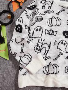 Plus Size Cartoon Print Crew Neck Casual Long Sleeve Pullover Sweater - White - View 3