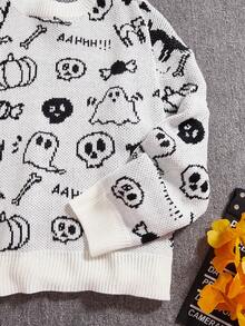 Plus Size Cartoon Print Crew Neck Casual Long Sleeve Pullover Sweater - White - View 4