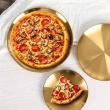 1 pieza/2 piezas Bandeja de acero inoxidable dorada para postre, café, plato occidental, plato de pizza, plato de comida para desayuno, café, té, bandeja decorativa dorada para servir, regalo de cumpleaños, suministros para fiestas de Acción de Gracias, Halloween, Pascua, Navidad (Dorado), Cocina, Regalo de Navidad