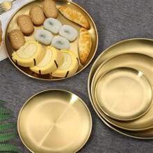 1 pieza/2 piezas Bandeja de acero inoxidable dorada para postre, café, plato occidental, plato de pizza, plato de comida para desayuno, café, té, bandeja decorativa dorada para servir, regalo de cumpleaños, suministros para fiestas de Acción de Gracias, Halloween, Pascua, Navidad (Dorado), Cocina, Regalo de Navidad