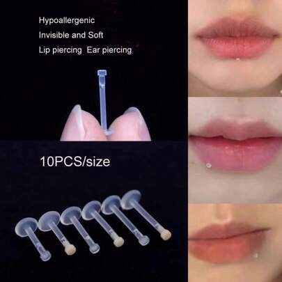 10入組簡約隱形透明唇環和耳釘軟棒，適合學生穿戴，身體穿刺蛇咬位置