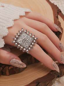 1款復古幾何形狀男女戒指,可調節銀色指環,極簡風個性化手飾 - 銀色 - 查看 1