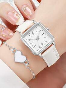 4 件套女士时尚休闲方形数字表盘石英表组合 + 心形手链套装，不含表盒 - 黑與白 - 查看 4
