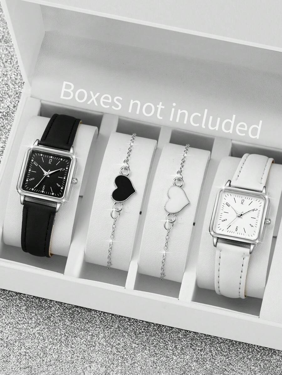 4 件套女士时尚休闲方形数字表盘石英表组合 + 心形手链套装，不含表盒 - 黑與白 - 查看 1