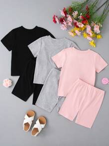 3 件套少女卡通猫咪印花纯色圆领短袖上衣和短裤套装