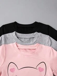 3 件套少女卡通猫咪印花纯色圆领短袖上衣和短裤套装