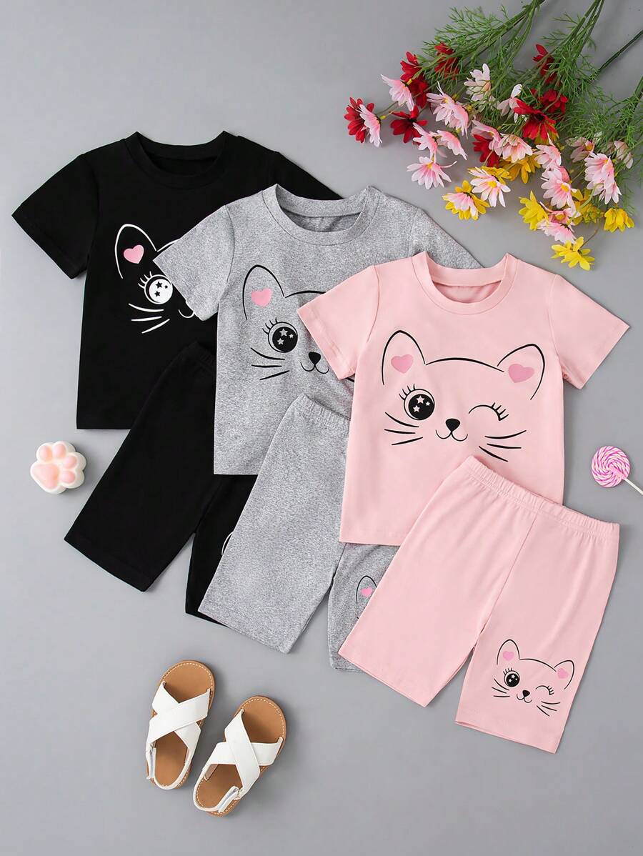 3 件套少女卡通猫咪印花纯色圆领短袖上衣和短裤套装
