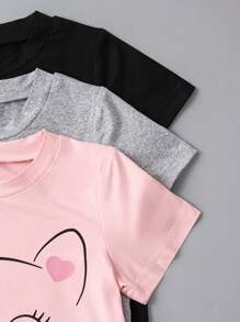 3 件套少女卡通猫咪印花纯色圆领短袖上衣和短裤套装