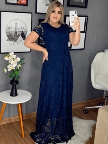 Long Swing Dress Elegant Party Social Mnaga Curta Graduation - 藏蓝色 - 查看 1