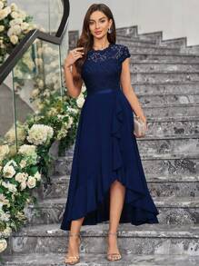 MIUSOL Contrast Floral Lace Chiffon Ruffle Hem Formal Party Long Dress Elegant Bridesmaid Dress