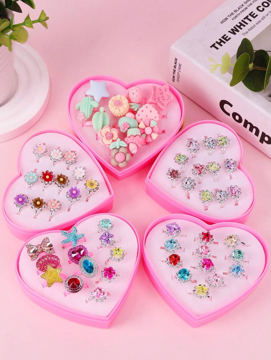 12 Pcschildren Ring Gift Set Plastic Ring Alloy Ring Adjustable Ring, Fashion Girl Ring Jewelry Gift Shiny Plastic Jewelry Ring Children's Accessories Birthday Gift And Animal Princess Party, Crown Design And Drop Craft, Suitable For Girls, Thanksgiving Christmas Gift