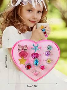 12 Pcschildren Ring Gift Set Plastic Ring Alloy Ring Adjustable Ring, Fashion Girl Ring Jewelry Gift Shiny Plastic Jewelry Ring Children's Accessories Birthday Gift And Animal Princess Party, Crown Design And Drop Craft, Suitable For Girls, Thanksgiving Christmas Gift