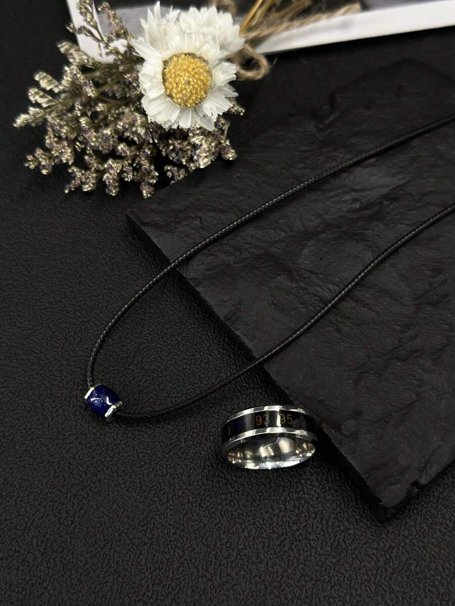 Set de collar de piedra termocromática y anillo de 2 piezas para hombre, Set de joyas novedosas, el mejor regalo para amigos y fiestas, tanto el colgante como el anillo son termocromáticos - cuerda de cuero - Ver 1