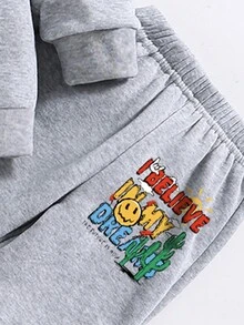 Young Boy Cartoon Printed Warm Round Neck Sweatshirt And Pants Set - Grey - View 7