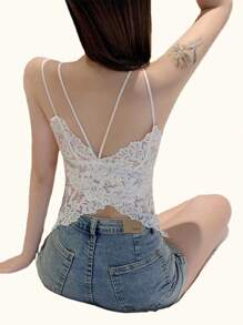 2 Pack Women Lace Bralette Camisole Spaghetti Strap Casual Tank Top Tube Summer Sexy Butterfly Racerback V Neck Slim Basic Crop Cami Tops - 白色x2 - 查看 2
